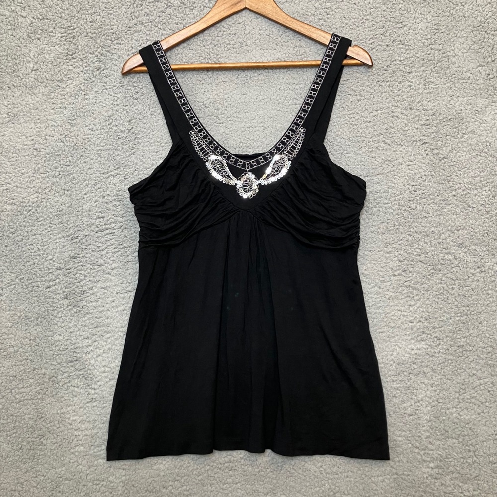 Y2K VTG Cable & Gauge Tank Top XL‎ Black Sequin V-Neck Ruched Smocked Babydoll
